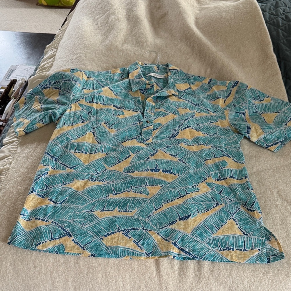 Tori Richard Blue and Yellow Leaf Pattern Shirt